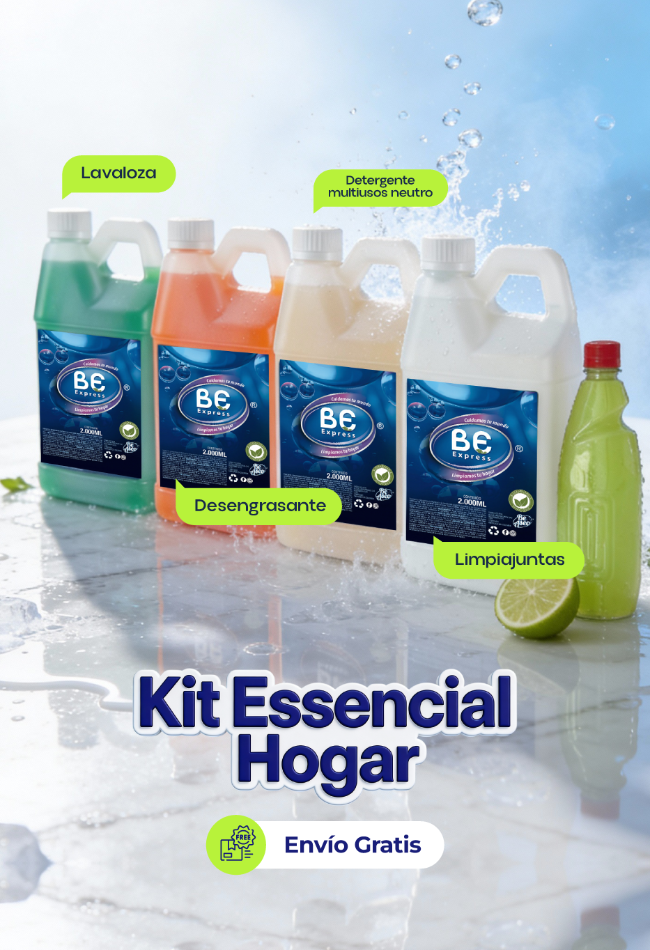 Kit Essencial Hogar, todo en uno Desengrasante, Limpia Juntas, Detergente multiusos, Lavaloza limón, Regalo Limpia pisos